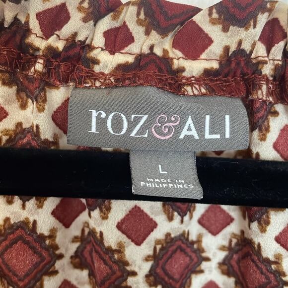 Roz & Ali Womens Blouse Large Geometric Diamond Red Cream 3/4 Length Sleeve - Picture 4 of 9